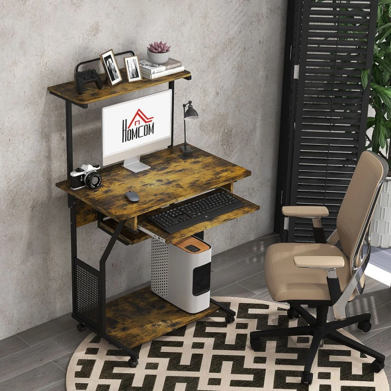 Image of HOMCOM Rolling Computer Desk with Keyboard Tray Storage Shelves Rustic Brown - Homcom 5056725521509