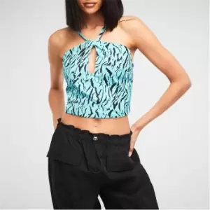 image of Missguided Zebra Print Halterneck Crop Top - Blue