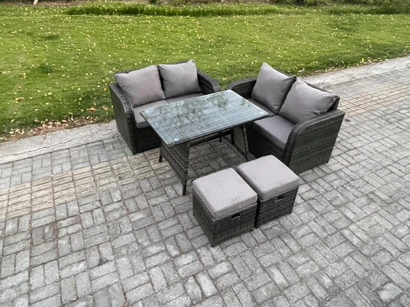 Image of Fimous Outdoor Garden Furniture Sets 5 Pieces Wicker Rattan Furniture Sofa Set with Rectangular Dining Table Dark Grey