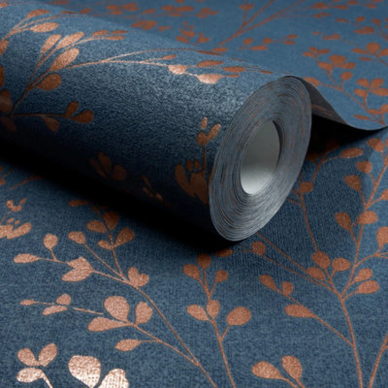 Image of Grandeco Calluna Delicate Metallic Sprig Blown Vinyl Wallpaper, Navy