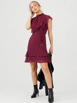 image of Oasis Frill High Neck Skater Dress - Berry, Size 12, Women