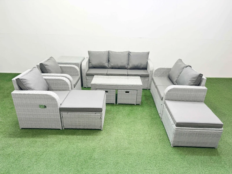 Image of Fimous Pe Wicker Rattan Furniture Sets With Oblong Coffee Table Love Sofa Reclining Chair 3 Seater Sofa 4 Stools Side Table
