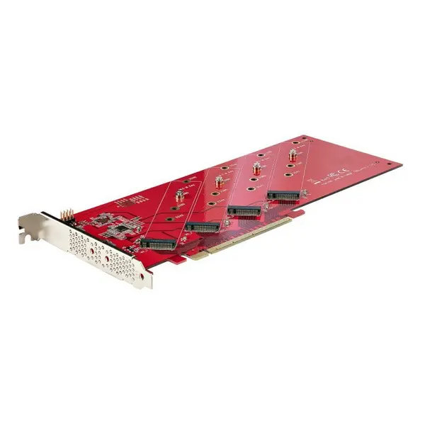 image of Startech Quad M.2 PCIe Adapter Card PCIe x16 to Quad NVMe or AHCI M.2 SSDs PCI Express 4.0 7.8GBps/Drive Bifurcation Required Windows/Linux Compatible