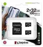 Image of Kingston Canvas Select Plus Multi-Pack 2 x 32GB microSDHC Card + SD Adapter