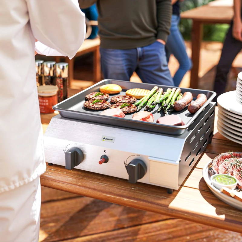 Image of Outsunny Gas Grill - Gas BBQ with Non-Stick Griddle for Camping - Silver Tone - 44.5L x 44W x 19H cm TJ Hughes 5063603018075
