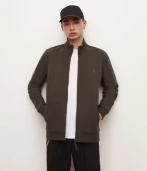 Image of AllSaints Mens Raven Funnel Neck Zip Through Sweatshirt, Grey, Size: M