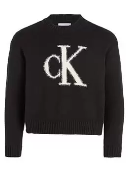 image of Calvin Klein Jeans Girls Fluffy Monogram Sweater - CK Black, Size Age: 10 Years, Women