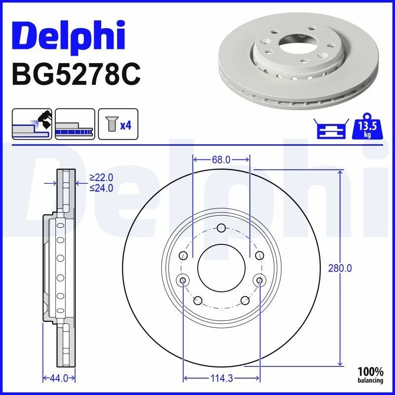 Image of DELPHI Brake disc DELPHI BG5278C