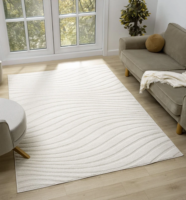Image of Aya Living Room Area Rugs - Embossed Waves Design Cream 200Cm X 290Cm