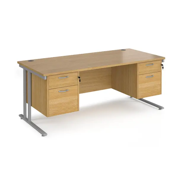 image of Maestro 25 straight desk 1800mm x 800mm with two x 2 drawer pedestals - silver cantilever leg frame, oak top