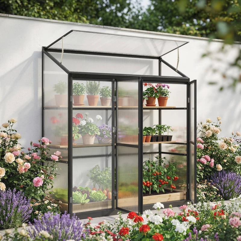 Image of OUTSUNNY Polycarbonate Greenhouse with 3 Doors, Aluminium Walk-in Greenhouse in Black Unisex