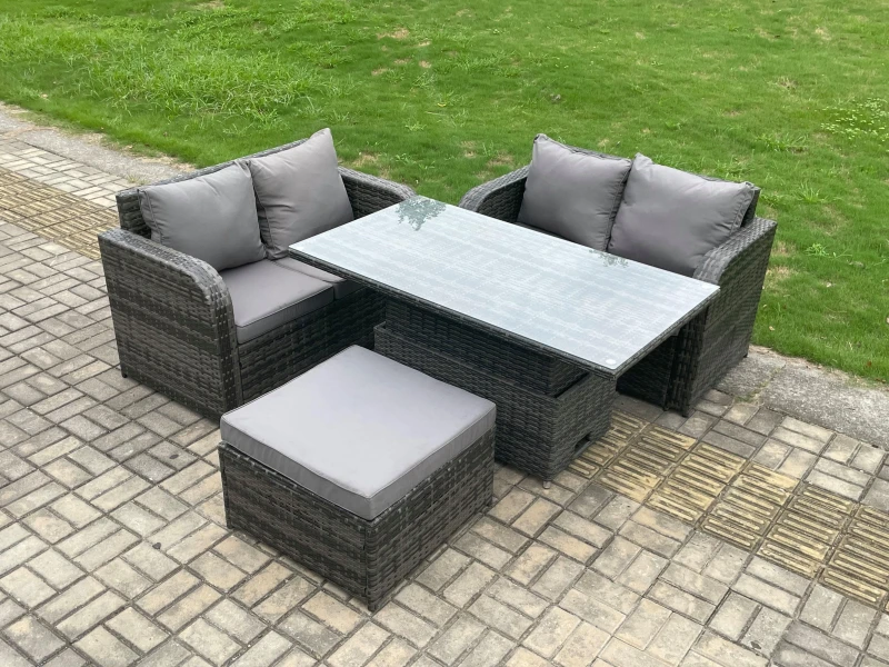 Image of Fimous Outdoor Rattan Furniture Garden Dining Set Height Adjustable Rising lifting Table Love Sofa Set With Big Footstool Dark Grey