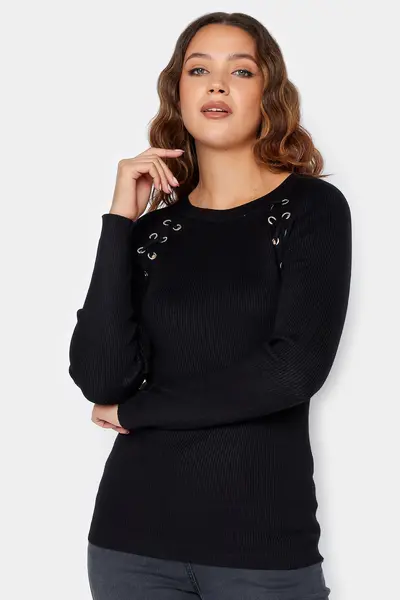 image of Long Tall Sally Tall Eyelet Lace Up Jumper Black