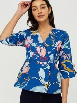 Image of Monsoon Fleur Print Organic Cotton Linen Blouse - Blue, Size 20, Women