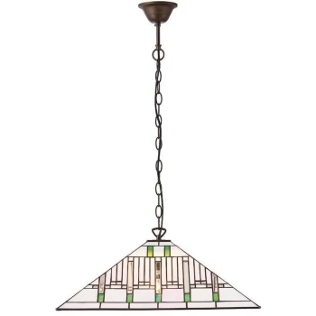 Image of Interiors 1900 Lighting - Interiors Mission - 3 Light Large Ceiling Pendant Dark Bronze, Tiffany glass, E27