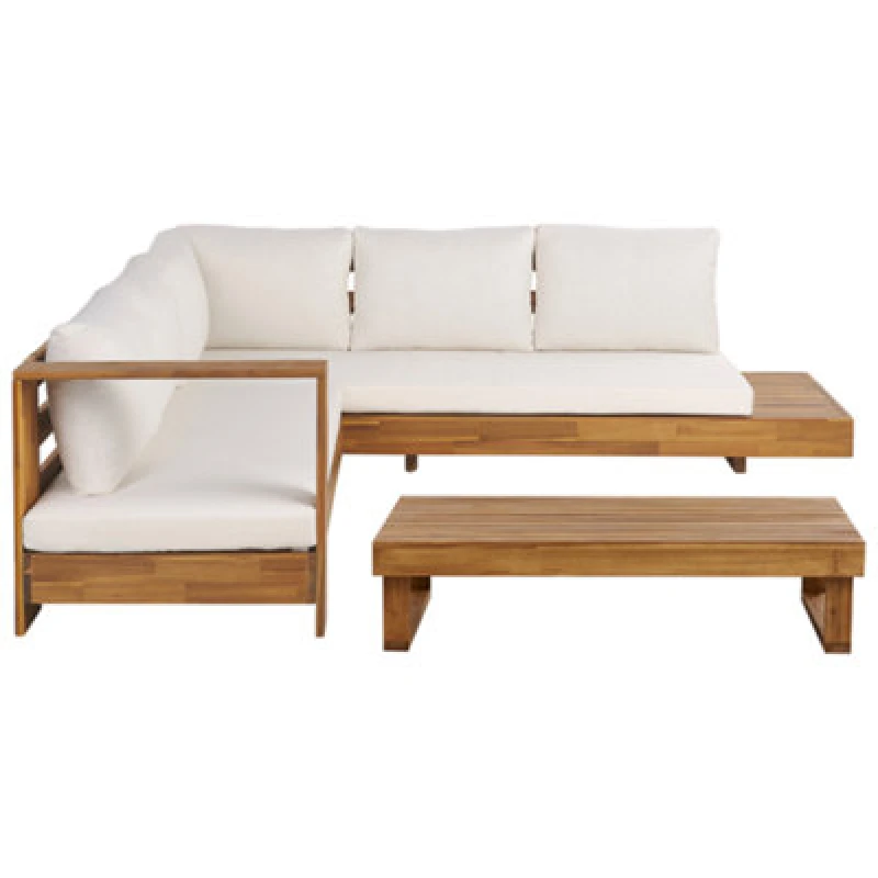 Image of Beliani Garden Corner Sofa With Table 5 Seater Marettimo Right Hand Certified Acacia Wood Brown