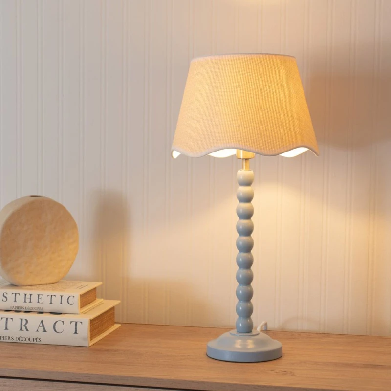 Image of ValueLights Bobbins Powder Blue Table Lamp with Linen Scallop White Trim Shade and LED Bulb Pale Blue
