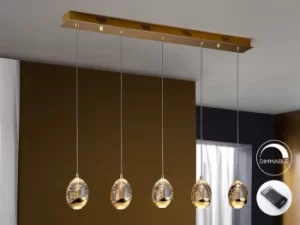 image of Roc Integrated LED 5 Light Dimmable Crystal Drop Bar Ceiling Pendant with Remote Control Gold