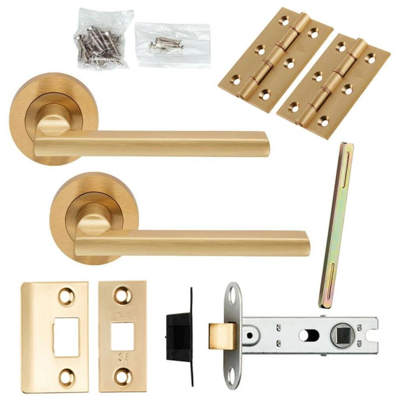 Image of Loops Door Handle & Latch Pack Satin Brass Plinth Mounted Bar Screwless Round Rose Metallics