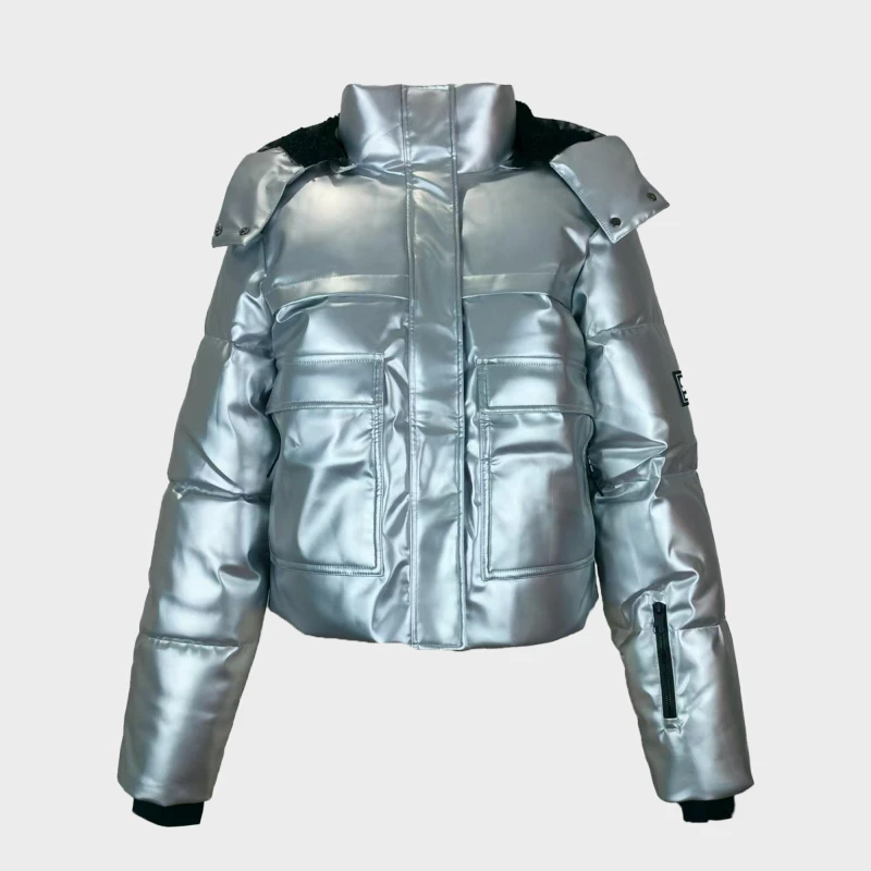 Image of Jack Wills Womens Cropped Puffer Waterproof Windproof Hooded Ski Jacket Silver female 8 (XS)