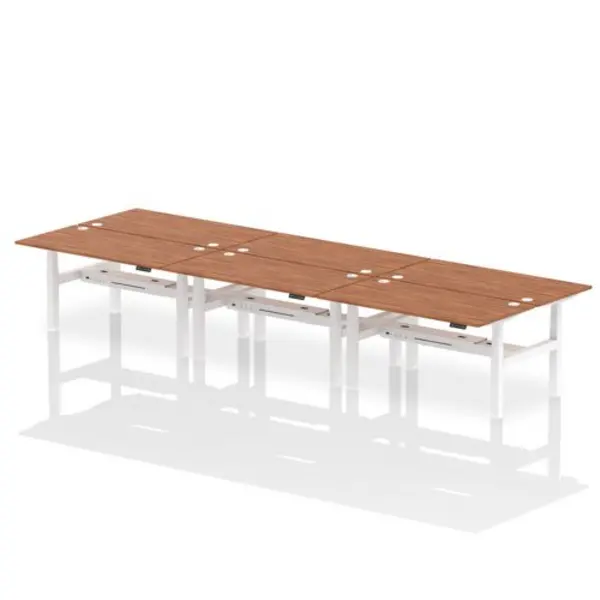 Image of Air Air Back-to-Back 1600 x 800mm Height Adjustable 6 Person Bench Desk Walnut Top with Cable Ports White Frame HASCP6P16800WNTW