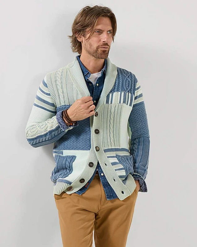 Image of Joe Browns Joe Browns Perfect Patch Cardigan Blue Multi-Coloured - Joe Browns - Size: XL45/47 Blue Multi-Coloured Male XL45/47 JB47704