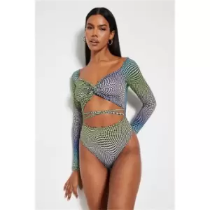 I Saw It First Blue Slinky Printed Ruched Cut Out Long Sleeve Bodysuit - Blue