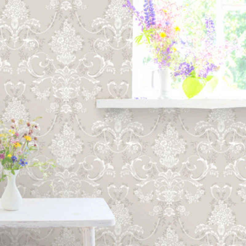Image of Rasch Amelie Damask Floral Mushroom & White Wallpaper 260253