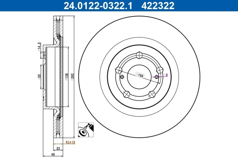Image of Brake disc ATE 24.0122-0322.1