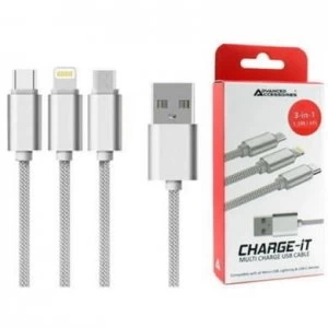 Image of Charge-It 3-in-1 USB Cable - Lightning/USB-C/Micro-USB - 1.2M - Silver