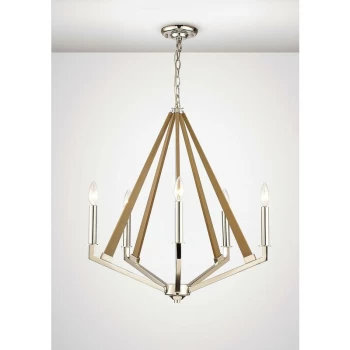 image of Hilton Pentagonal Pendant Light 5 Lights E14 Polished Nickel / taupe wood