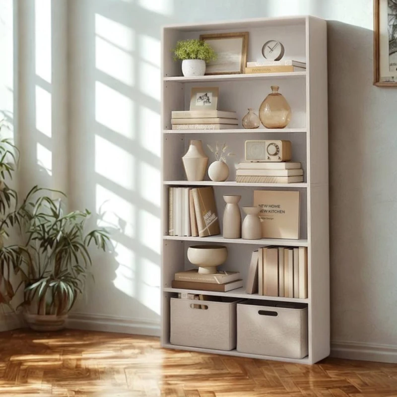 Image of Pirlo Plush 5 Tier Free Standing Bookcase Shelf For Living Room Storage in White White Unisex