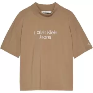 Image of Calvin Klein Jeans Cut Seams Stack Logo T-Shirt - Brown