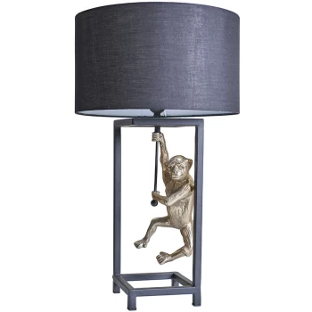 image of Antique Brass Hanging Monkey Cubed Table Lamp with Lampshade - Black