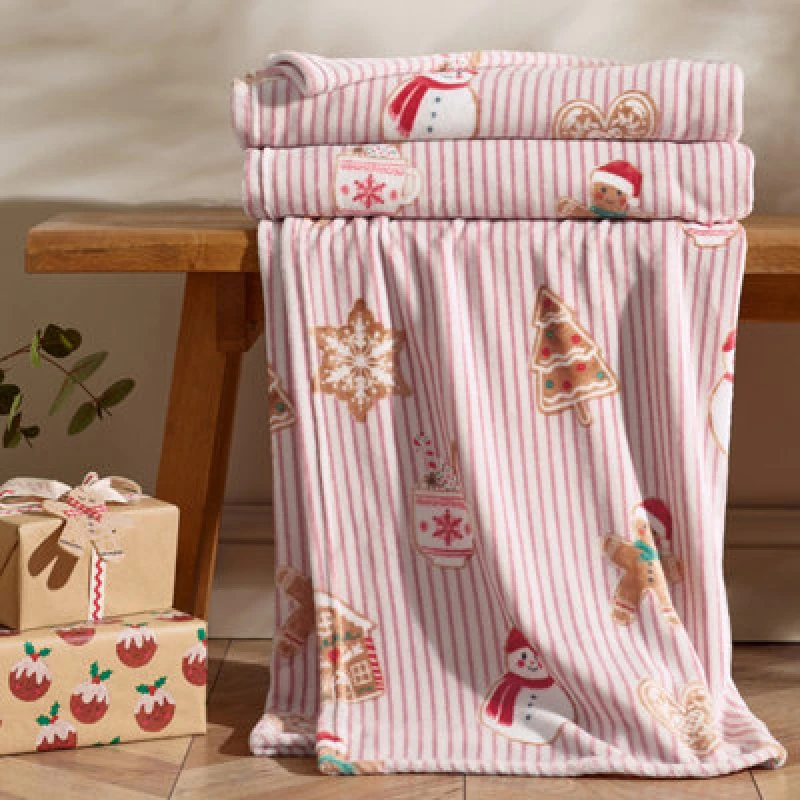 Image of Catherine Lansfield Christmas Gingerbread Stripe Cosy Fleece 130X170Cm Blanket Throw Natural