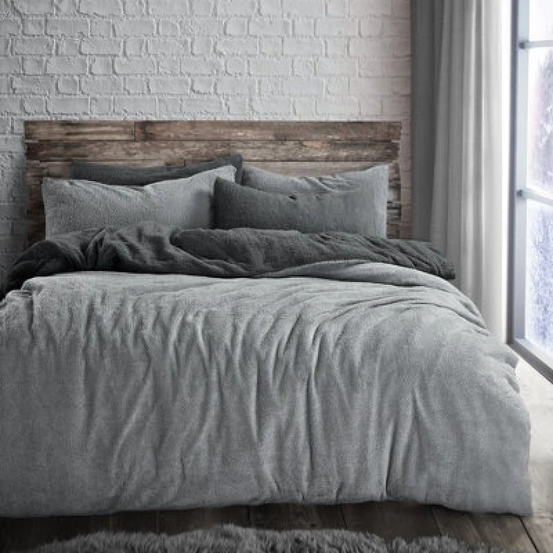 Image of Velosso Teddy Fleece Duvet Cover & Pillowcase Set In Plush & Cosy Bedroom Decor, Soft Texture Bed Linen, Machine Washable - Charcoal
