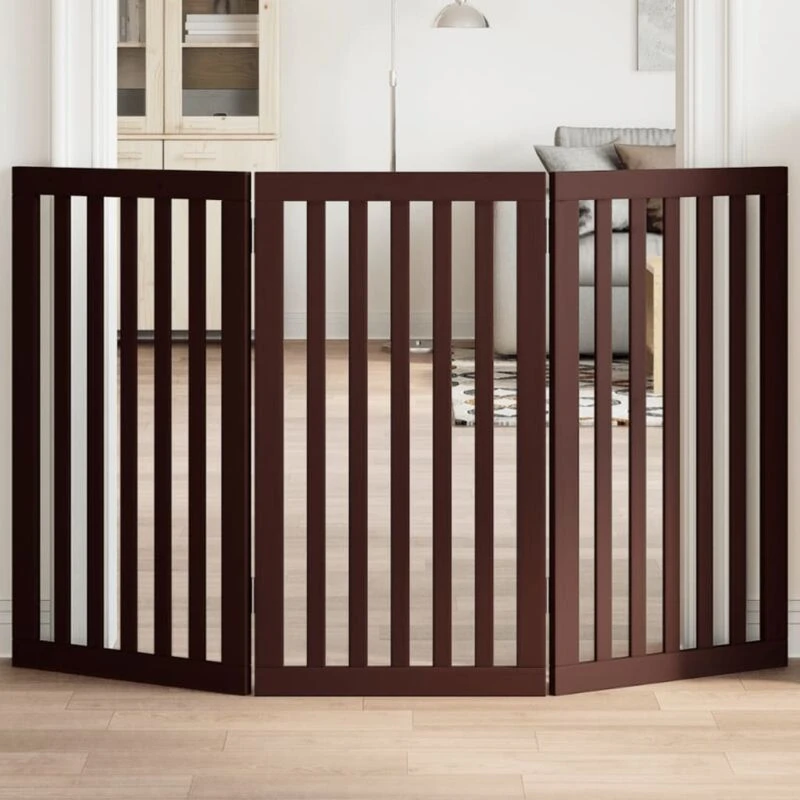 Image of vidaXL Dog Gate Foldable 3 Panels Brown 150cm Poplar Wood, Brown 352262