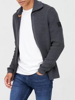 Image of Hugo Boss Kelbow Wool Blend Zip Through Knitted Jumper Grey Size L Men