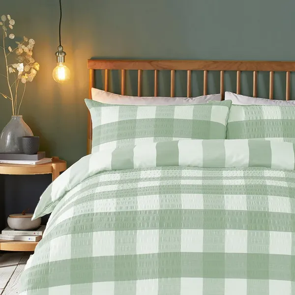 Image of Fusion Seersucker Gingham Duvet Cover and Pillowcase Set Green