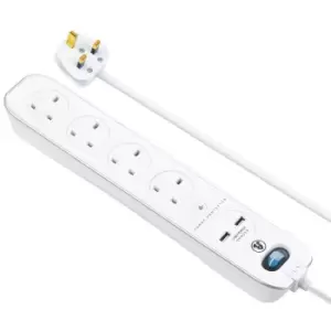 Image of Masterplug 4 Socket 2m Switched Inline Surge Extension Lead + USB (2 port 3.1A) - Gloss White