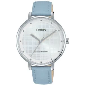 image of Lorus RG269PX9 Ladies Blue Leather Strap Watch with White Sunray Dial and Silver Lining