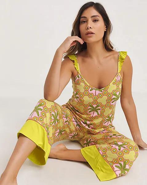 Image of Chelsea Peers Chelsea Peers Frilled Palm Print PJ Set Lime Female 18 QV39405