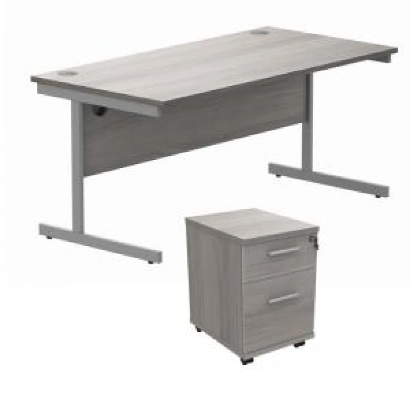 Image of Astin Rectangular Desk 1600x800x730mm +2Drw Under Desk Pedestal Alaskan Grey Oak/Silver KF820227