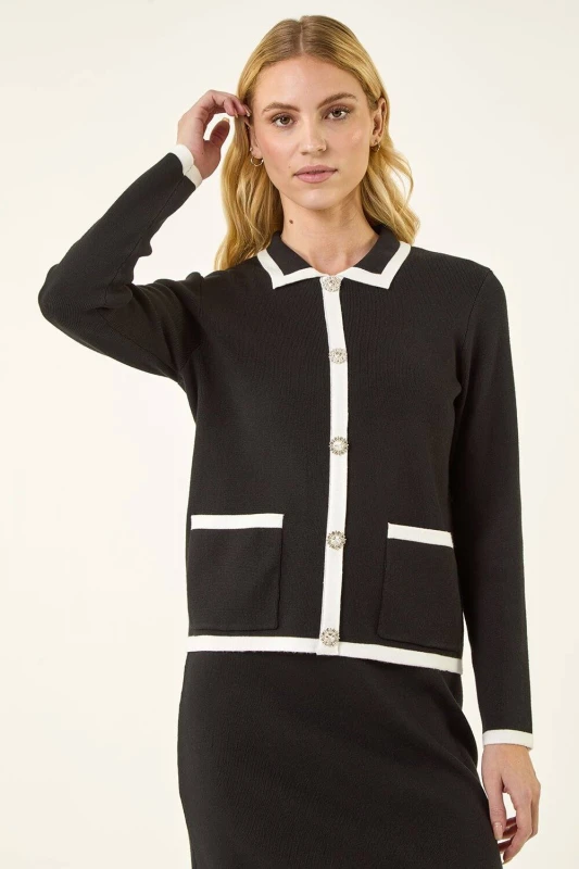 Image of Roman Womens Diamante Button Knit Jacket in Black Size: 10 Black Female 10