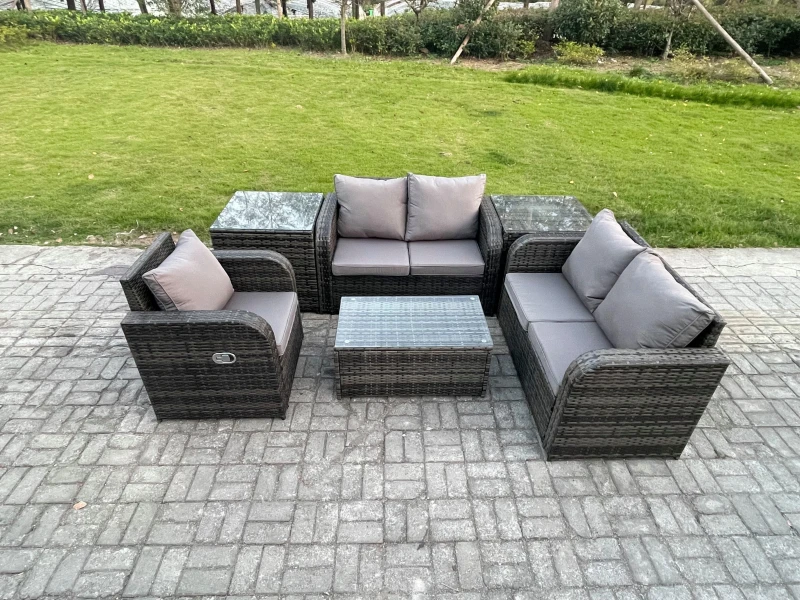 Image of Fimous High Back Rattan Garden Furniture Set with Loveseat Sofa Rectangular Coffee Table 2 Side Tables Indoor Outdoor Patio Lounge Sofa Set Dark Grey