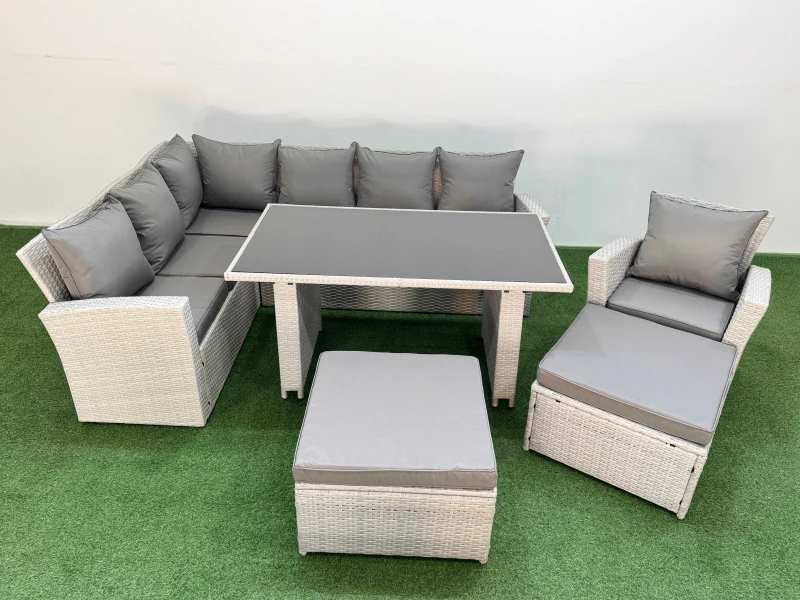 Image of Fimous 9 Seater Wicker Rattan Corner Sofa Sets with 2 Big Footstool Armchair in Light Grey Light Grey Unisex