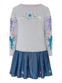 Monsoon Girls Sequin Horse Sweat 2 In 1 Dress - Grey, Size 9-10 Years, Women