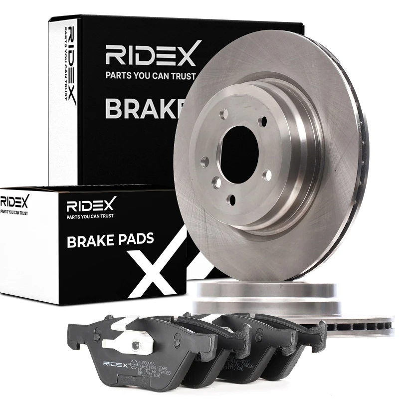 Image of RIDEX 3405B0869 Brake disc and pads set Rear Axle, Brake Disc Type: internally vented, prepared for wear warning indicator Brake Set,disc brakes (340