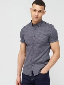 Image of Ted Baker Namaste Geo Print Short Sleeve Shirt - Navy, Size 4, Men