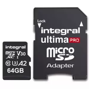 Image of Integral 64GB UltimaPRO A2 V30 High Speed Micro SD Card (SDXC) UHS-I U3 + Adapter - 180MB/s